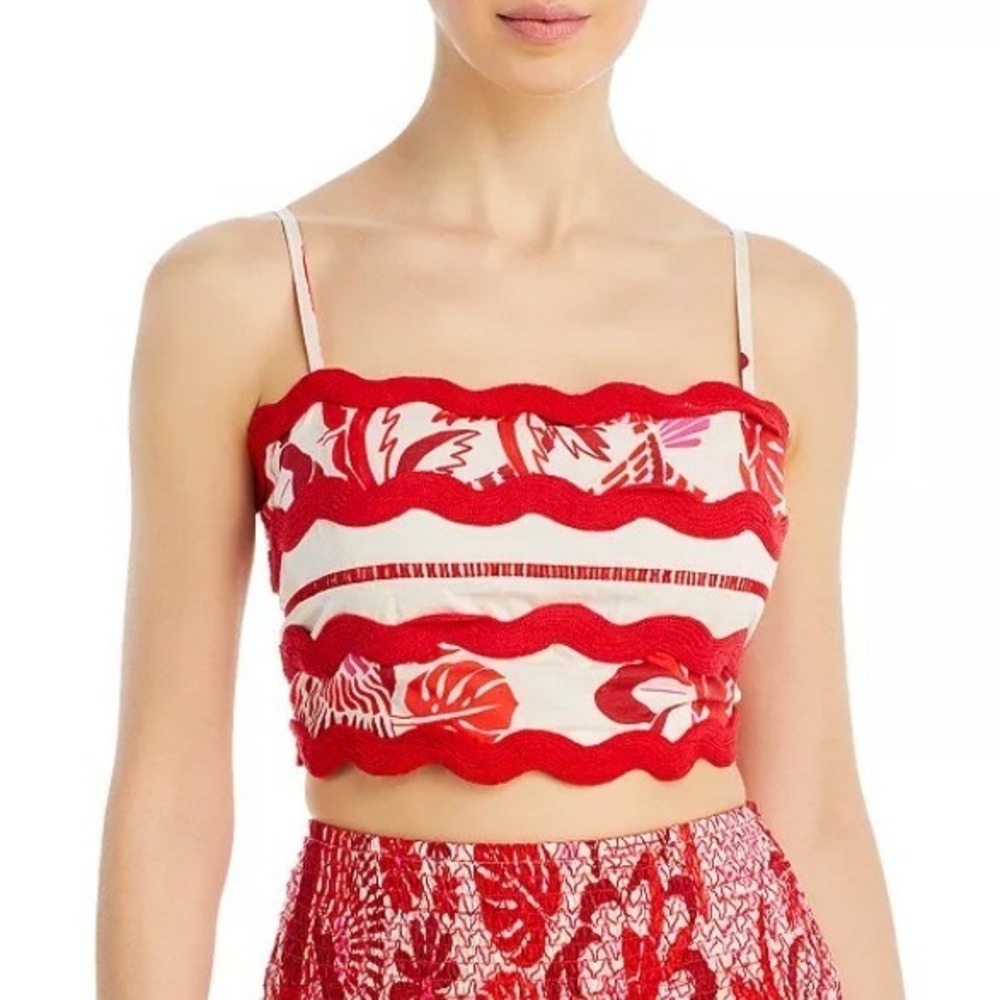 NWT FARM RIO 100% Cotton Tiles Printed Crop Top Red Motif Women Size XL Tie Back - Picture 1 of 13